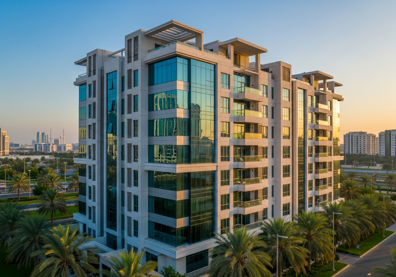 Immeuble résidentiel moderne et élégant avec des appartements pas chers à vendre à Abou Dhabi, balcons en verre et vue remarquable.