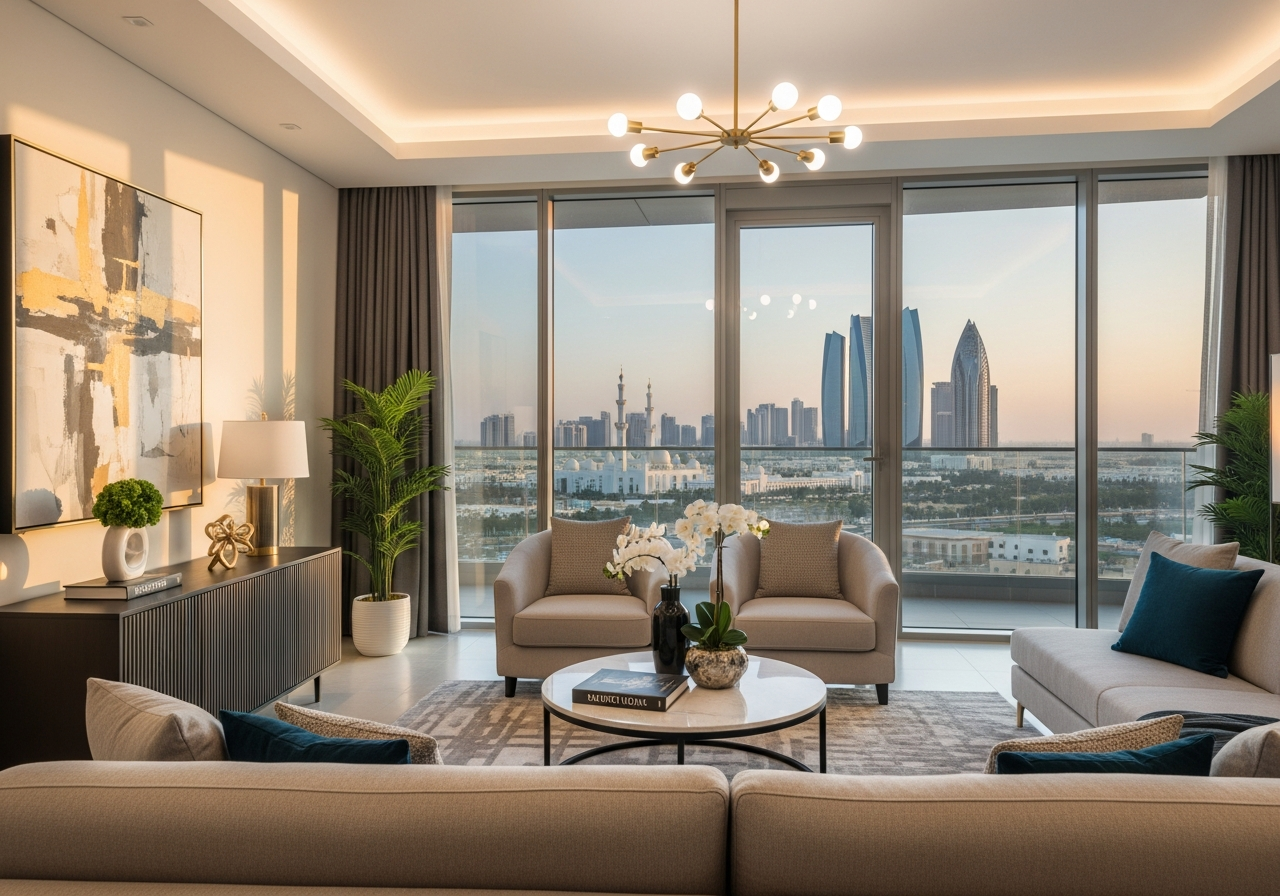 A ready-to-move apartment in Abu Dhabi featuring modern interior design and panoramic city views
