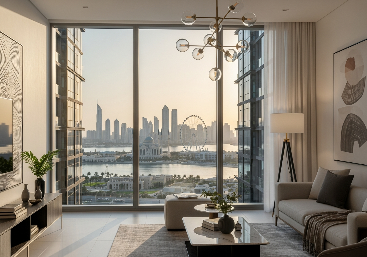 شقق سكنية للبيع في الشارقة داخل مجمع عصري مع واجهة زجاجية وتصميم معماري فريد.