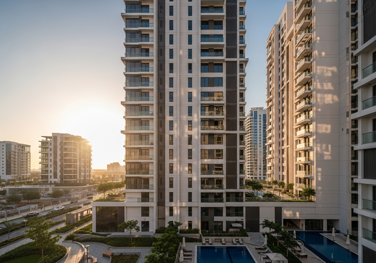 A modern residential project featuring off-plan apartments for sale in Sharjah with contemporary architectural design and integrated facilities