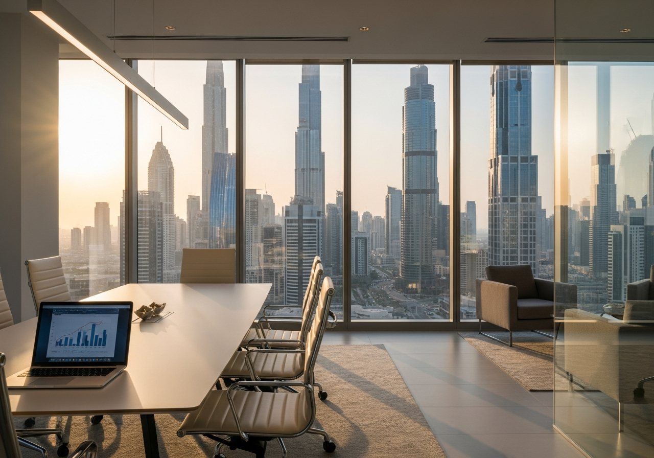 Modern office for sale in Dubai with luxurious interior design and a stunning city skyline view