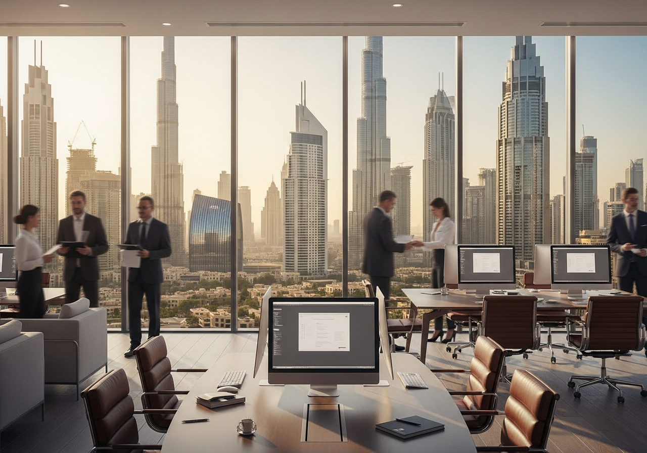 Luxury commercial offices for sale in Dubai for foreigners in a modern building with full finishes and ready for immediate handover