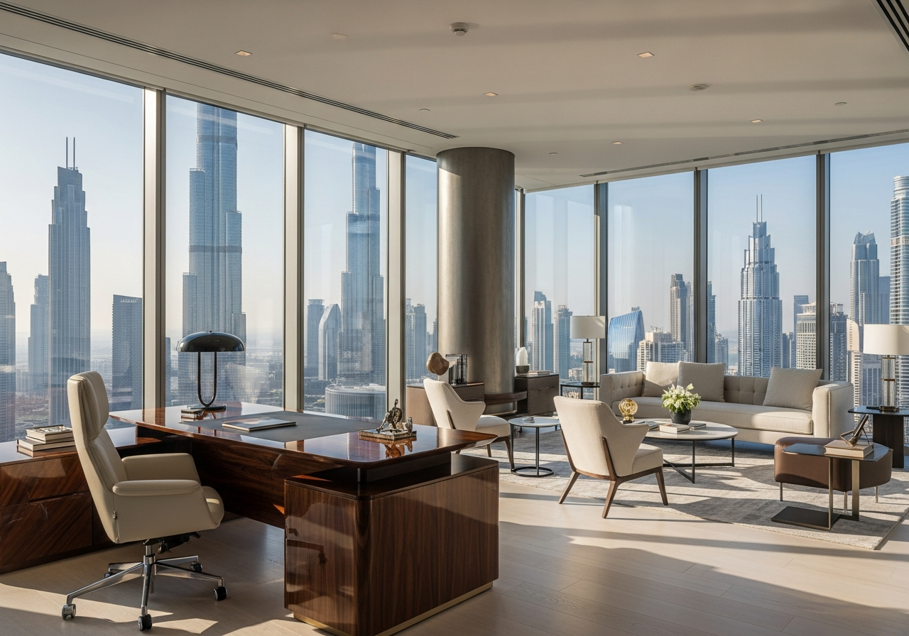 Bureaux de luxe à vendre à Dubaï avec un design moderne et une vue imprenable sur la skyline animée de la ville