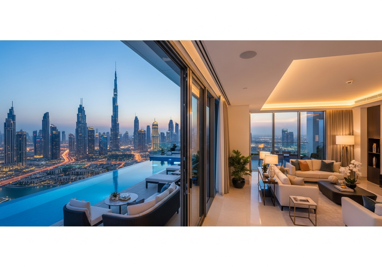 Luxury penthouse for sale in Dubai with a spacious terrace and panoramic city skyline view
