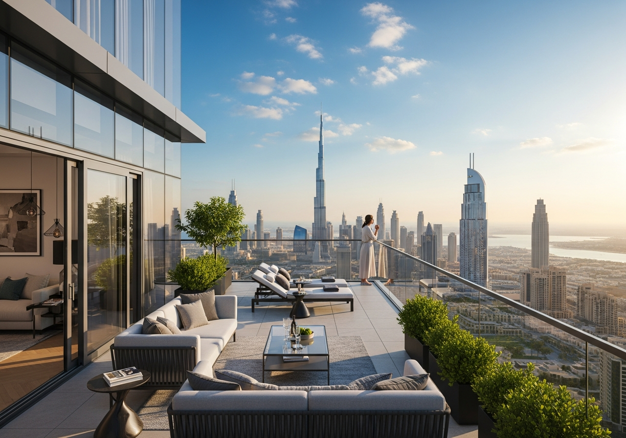 Luxury penthouse with panoramic view of Dubai skyline showcasing real estate investment options for foreigners