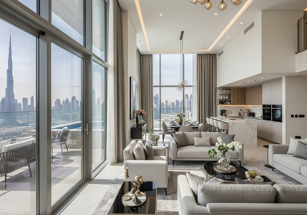 Luxury investment penthouse apartment for sale in Dubai with panoramic view of the enchanting city skyline