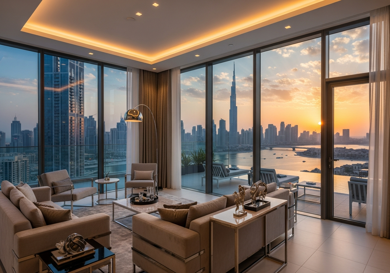 Dubai Marina'nın yüksek kulelerinde satılık lüks bir penthouse dairesi, büyüleyici panoramik manzaraya sahip.