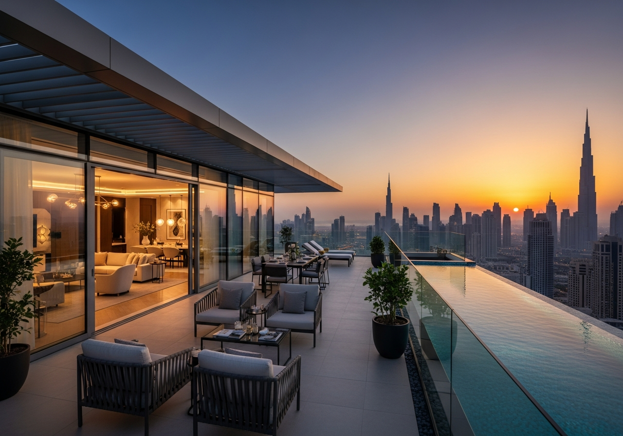 Luxury ready-to-move penthouse apartment in Dubai with a spacious balcony and stunning panoramic view