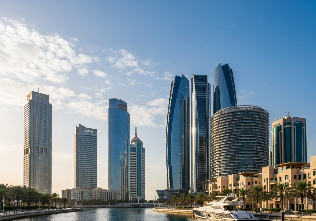 Vue architecturale moderne avec des tours résidentielles de luxe dans les meilleures zones pour acheter un bien à Abu Dhabi.