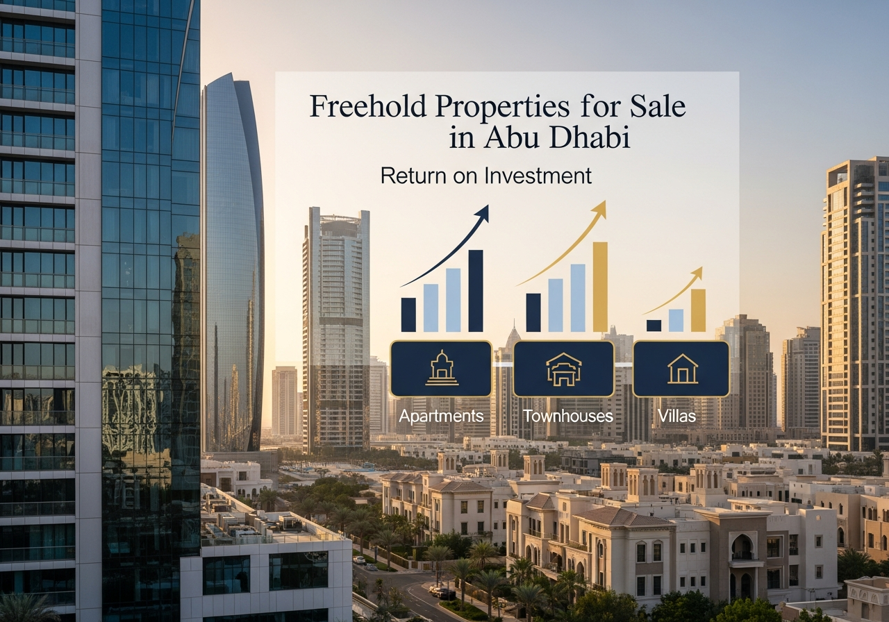 Immeuble résidentiel de luxe représentant des biens en pleine propriété à vendre à Abu Dhabi avec une façade vitrée moderne et des équipements complets.