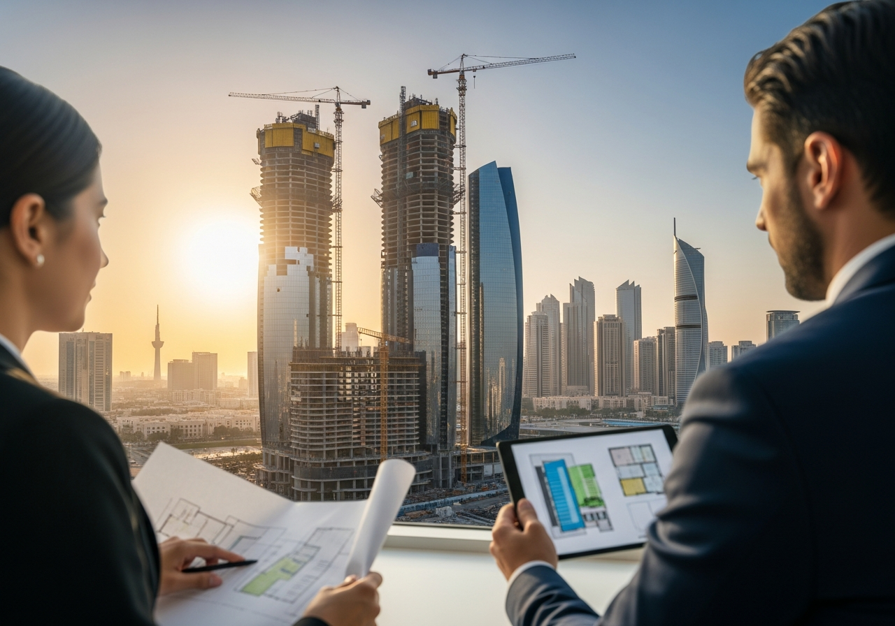Abu Dabi’de satılık inşaat halindeki gayrimenkulleri ve çeşitli daireler/villaları içeren modern bir konut kompleksi