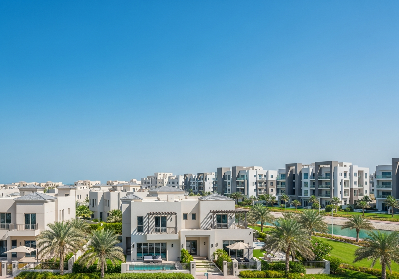 Un complexe résidentiel moderne proposant divers biens Freehold à vendre à Ras Al Khaimah avec des vues naturelles.