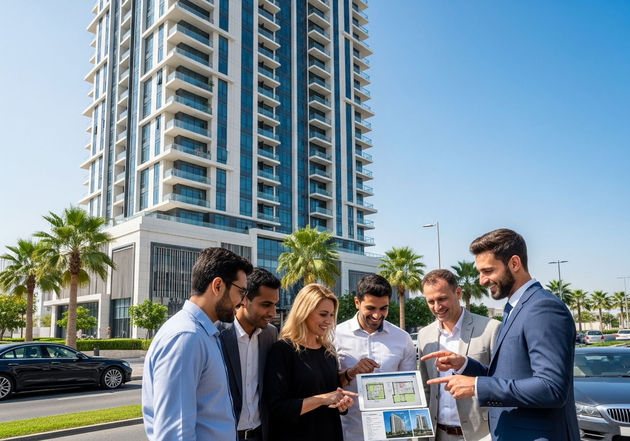 A modern residential complex featuring apartments and villas among the best properties for sale in Sharjah for foreigners