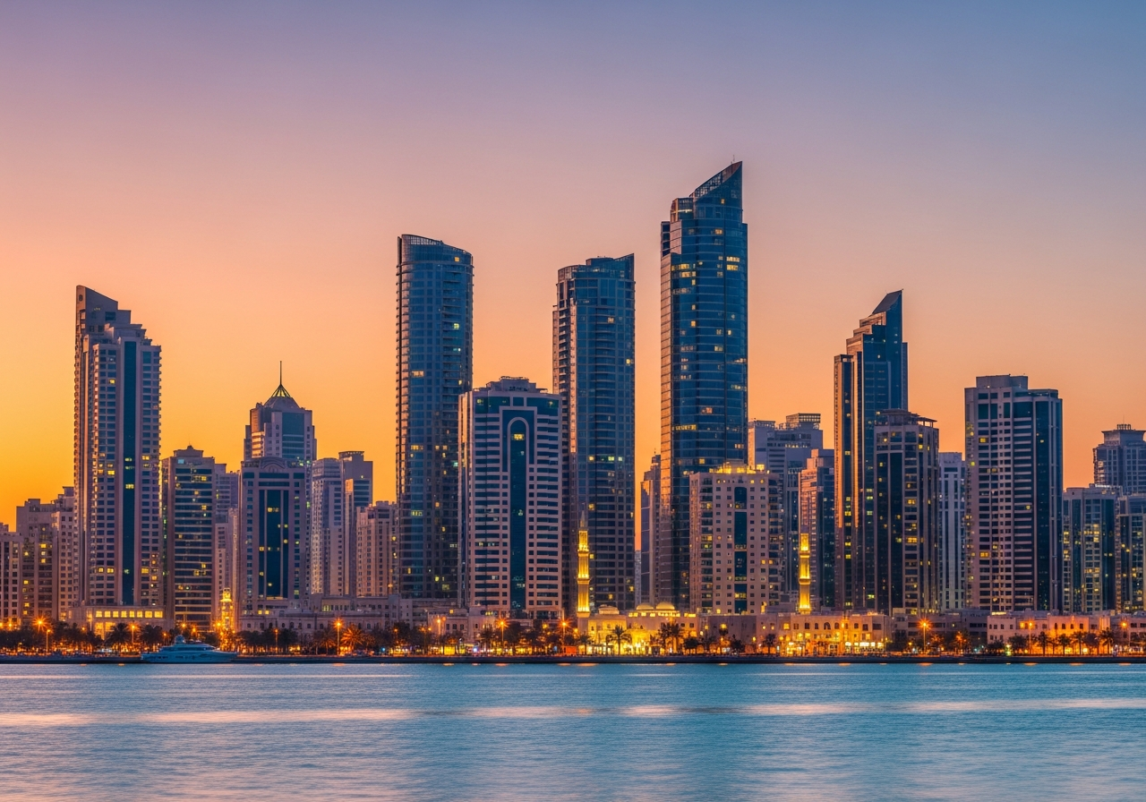 A modern residential complex with investment properties for sale in Sharjah surrounded by green spaces and integrated facilities