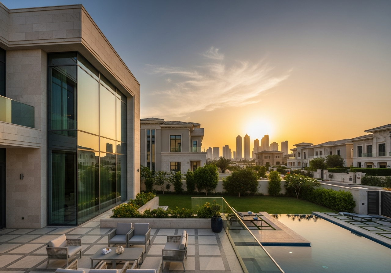 Un complexe résidentiel moderne avec des biens immobiliers de luxe à vendre à Sharjah, de vastes espaces verts et des équipements contemporains