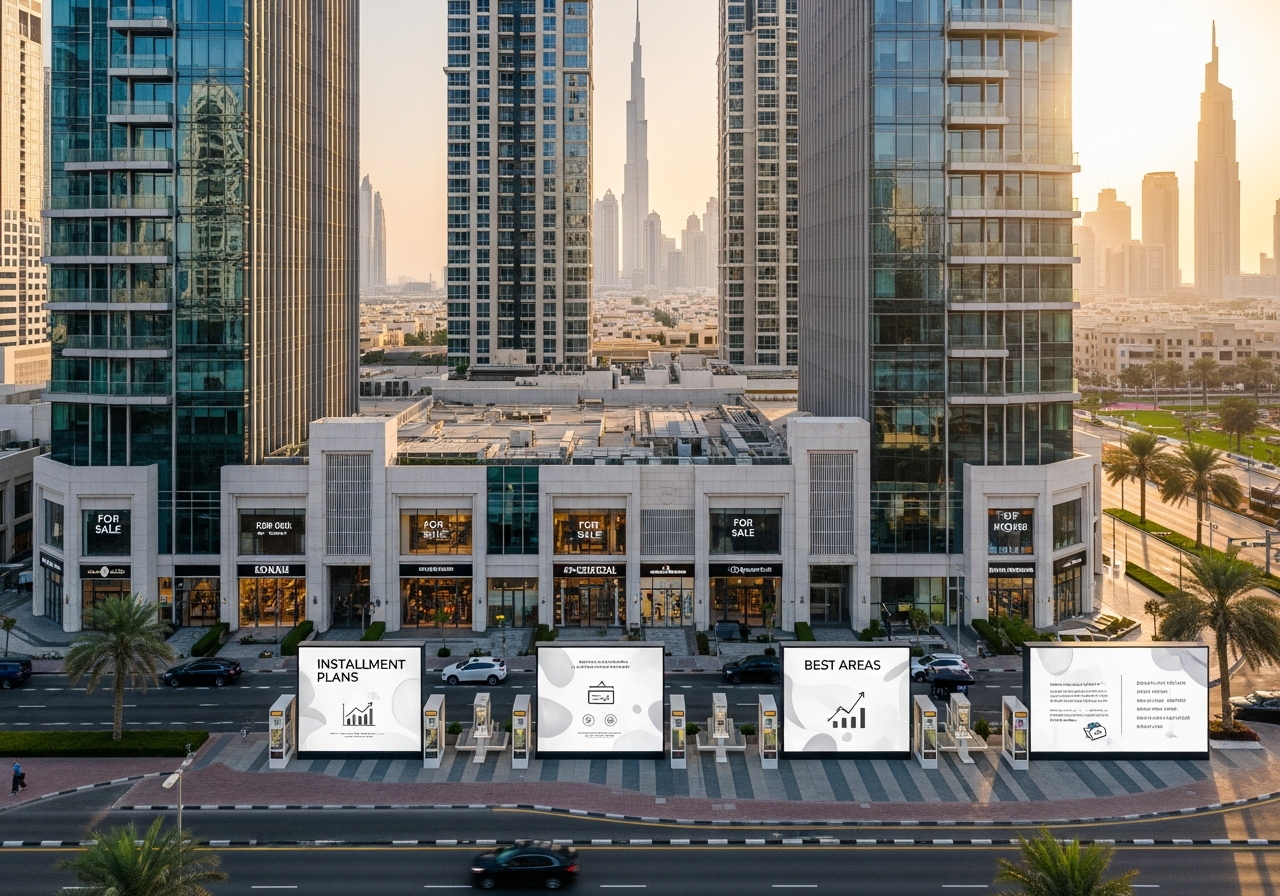 A stylish commercial shopfront in Dubai representing an investment opportunity to buy commercial real estate in installments in the UAE.