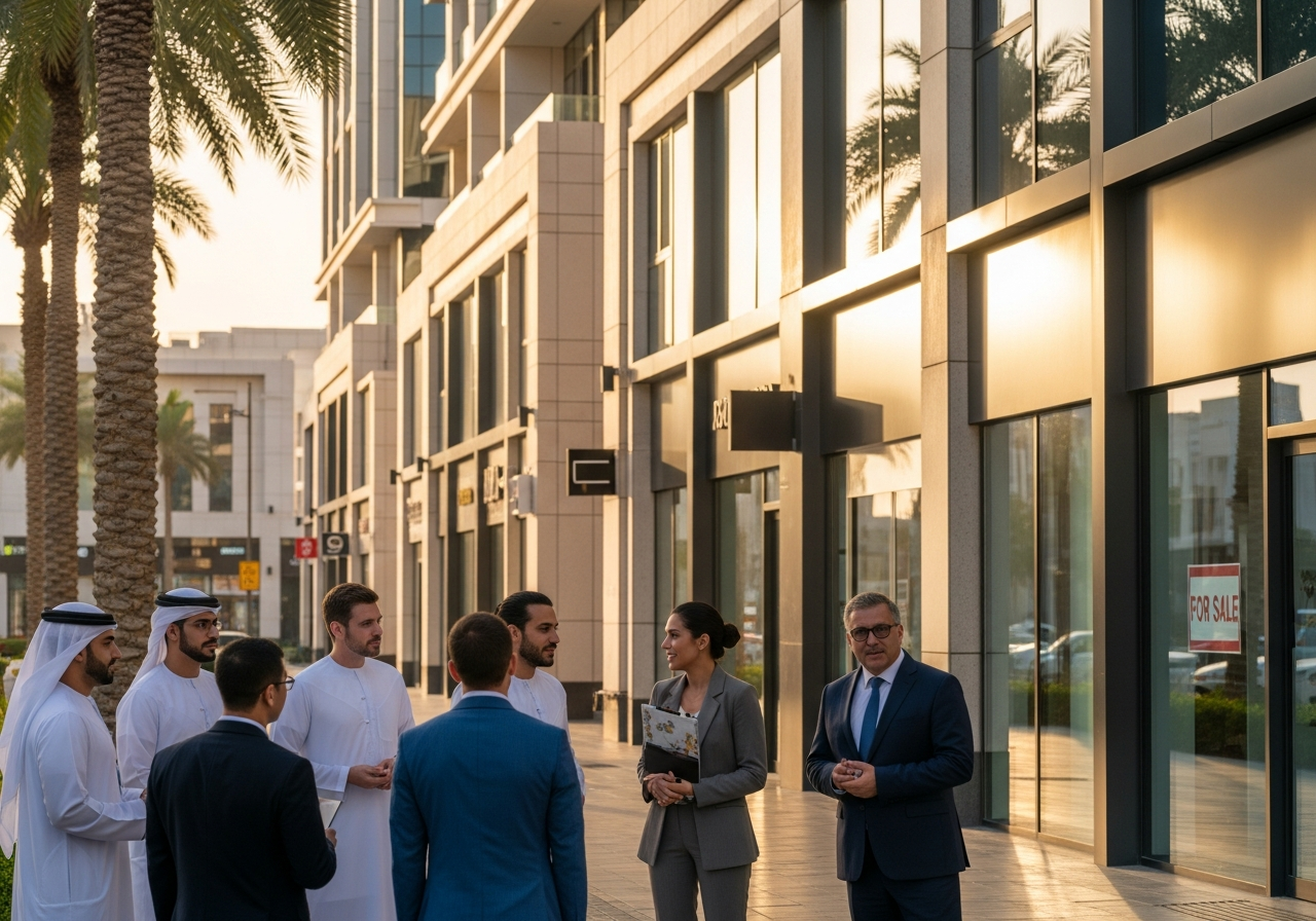 Elegant commercial shop with a modern glass facade available for freehold and investment for foreigners in the UAE