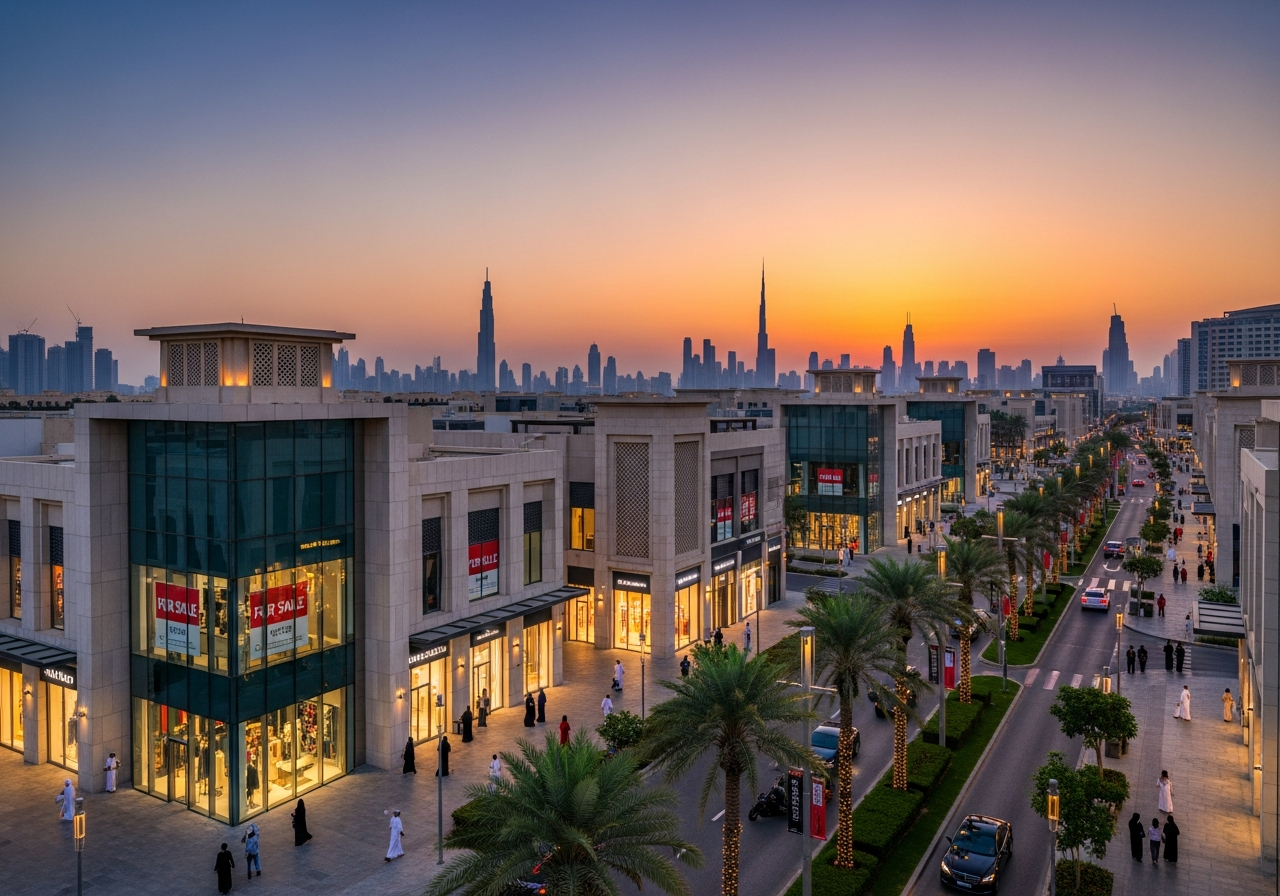 A contemporary commercial shop with a glass display facade in the United Arab Emirates offering a distinguished investment opportunity.