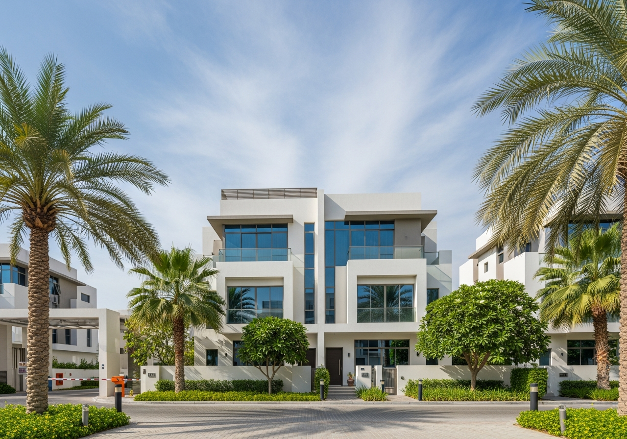 Luxury townhouse for sale in Dubai as a real estate investment opportunity within a fully serviced residential complex.