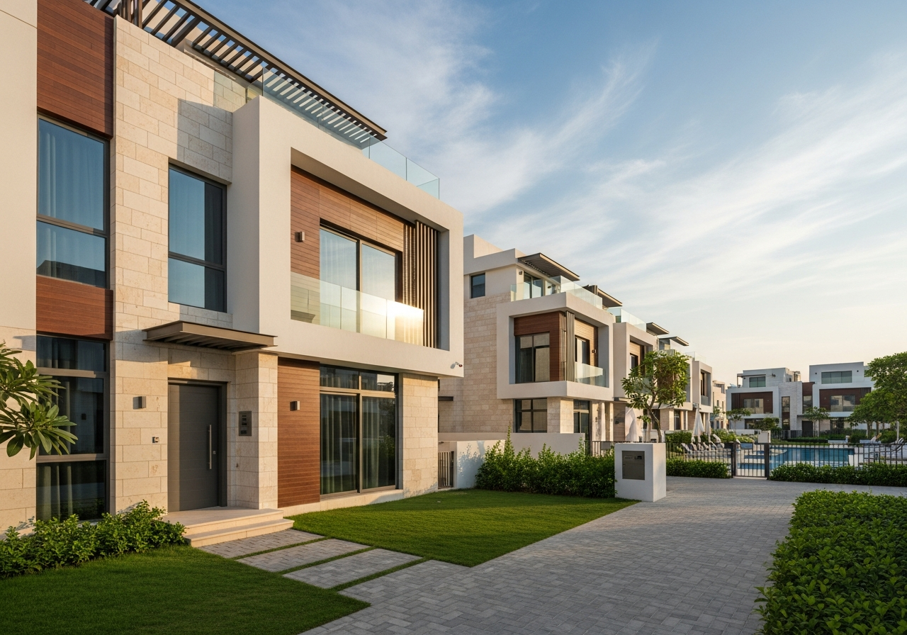 Façade extérieure d’un townhouse moderne à vendre à Mohammed Bin Rashid City avec espaces verts environnants
