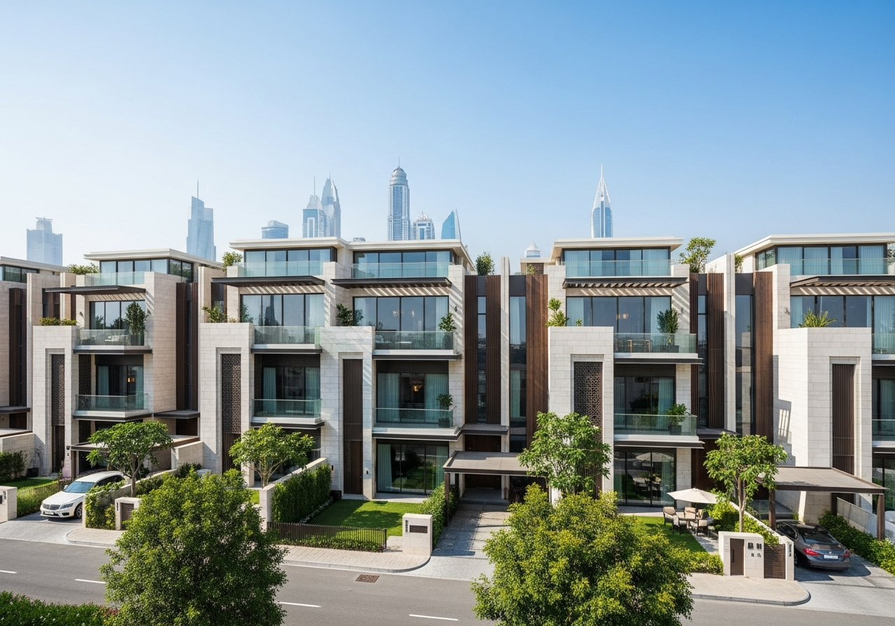BAE'de satılık lüks townhouse modern mimari tasarımı ve yeşil dış bahçesiyle öne çıkıyor