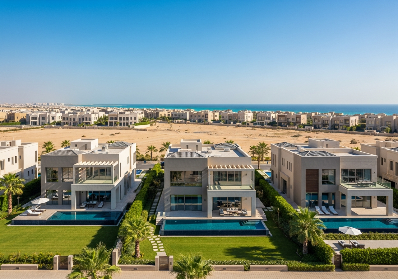 Façade d’une villa de luxe au design moderne avec jardin et piscine privée à vendre à Ras Al Khaimah