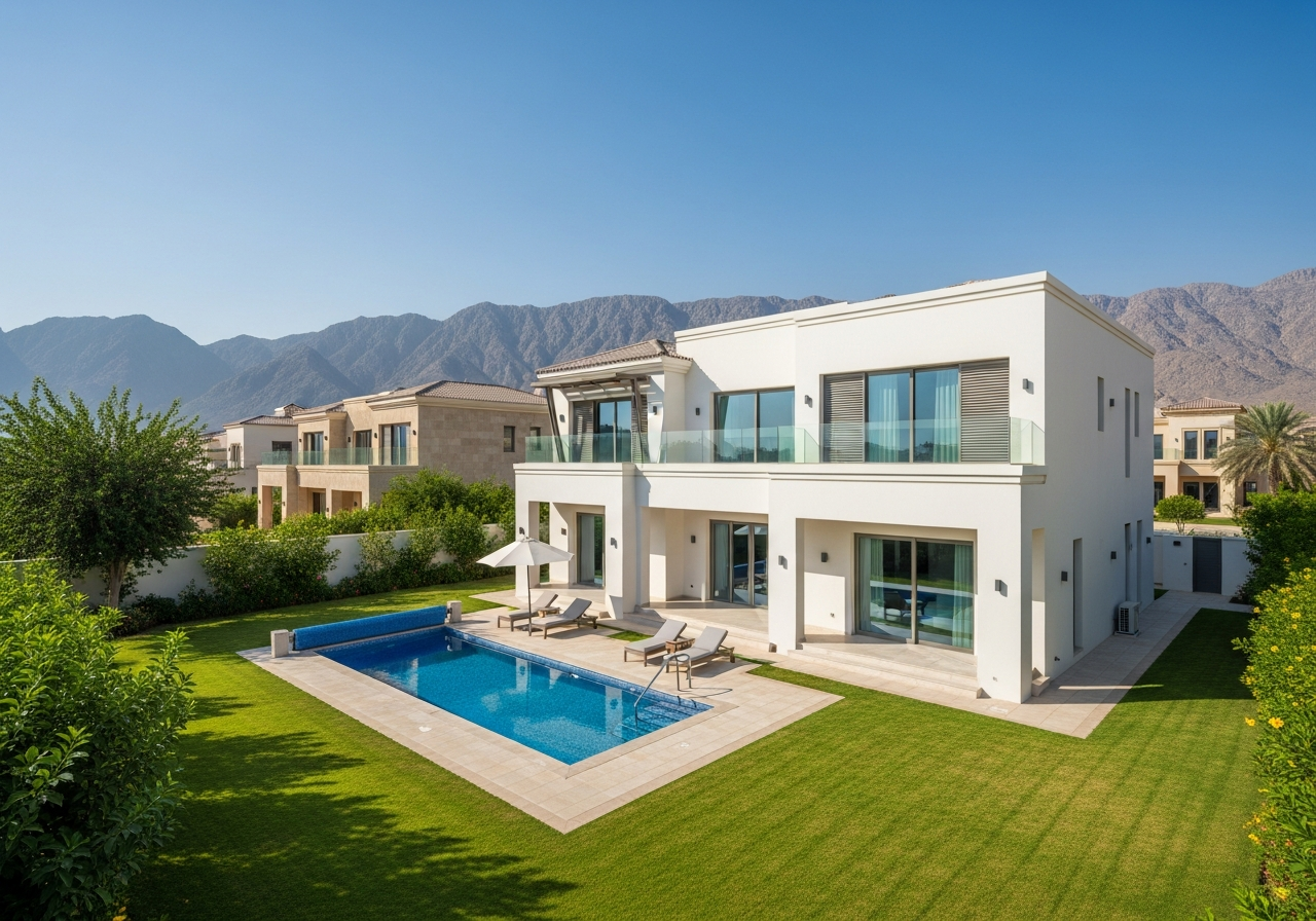 Modern villa facade in a residential complex in Ras Al Khaimah representing available cheap villa options for sale