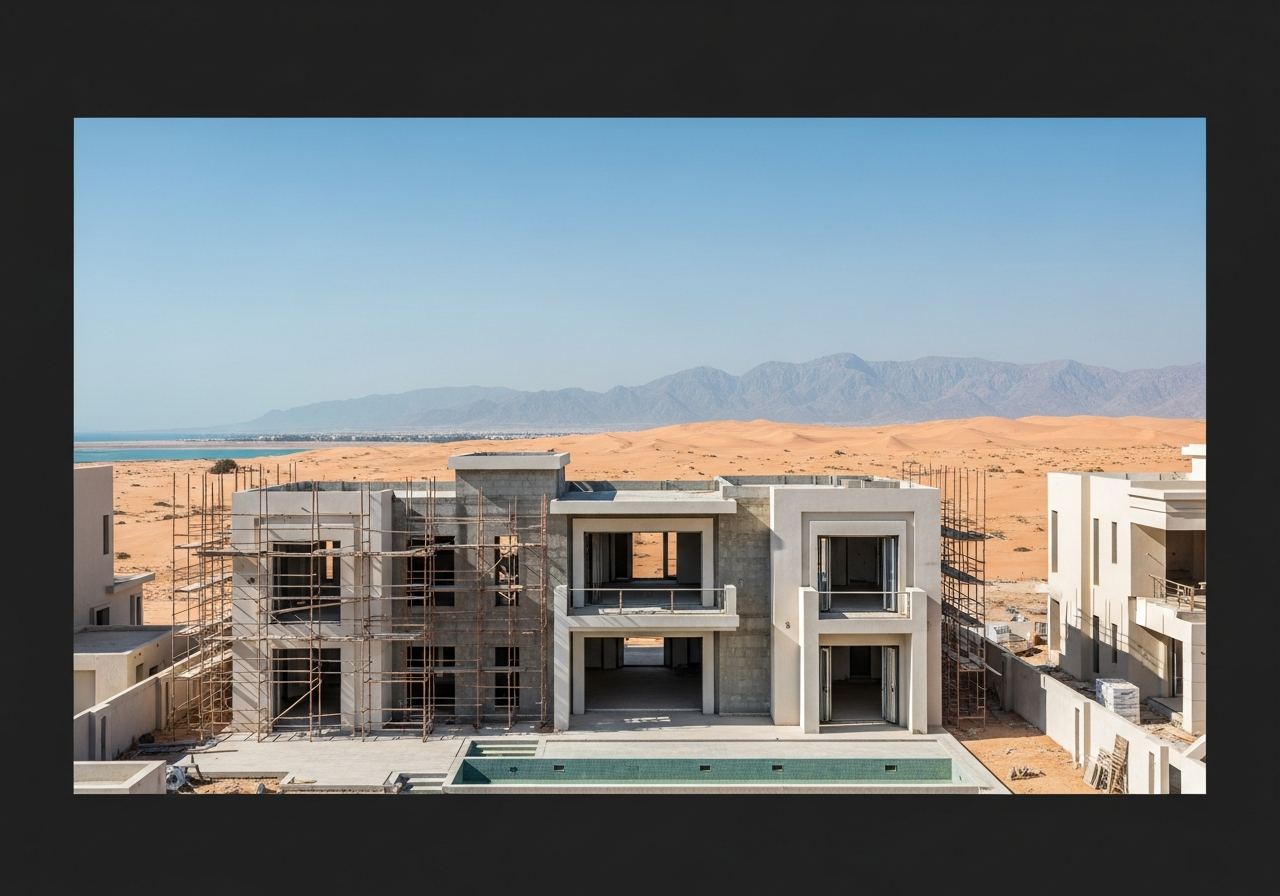 Ras Al Khaimah Emirliği'nde yapım aşamasında satılık villa için modern mimari tasarım, bahçe ve özel havuz.
