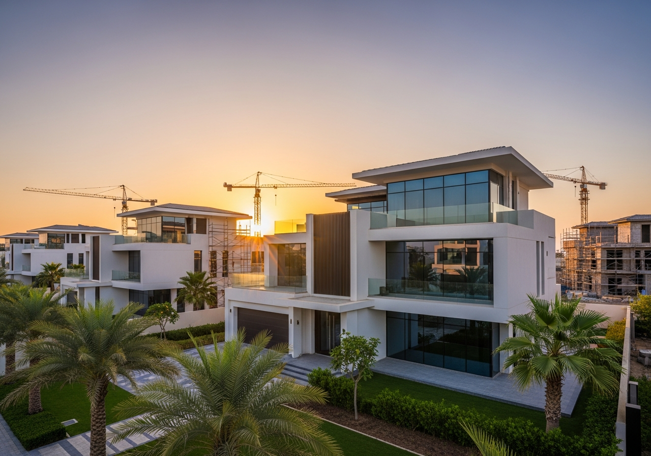 Şarika’da entegre bir konut sitesinde inşaat aşamasında satılık modern villa mimarisi.
